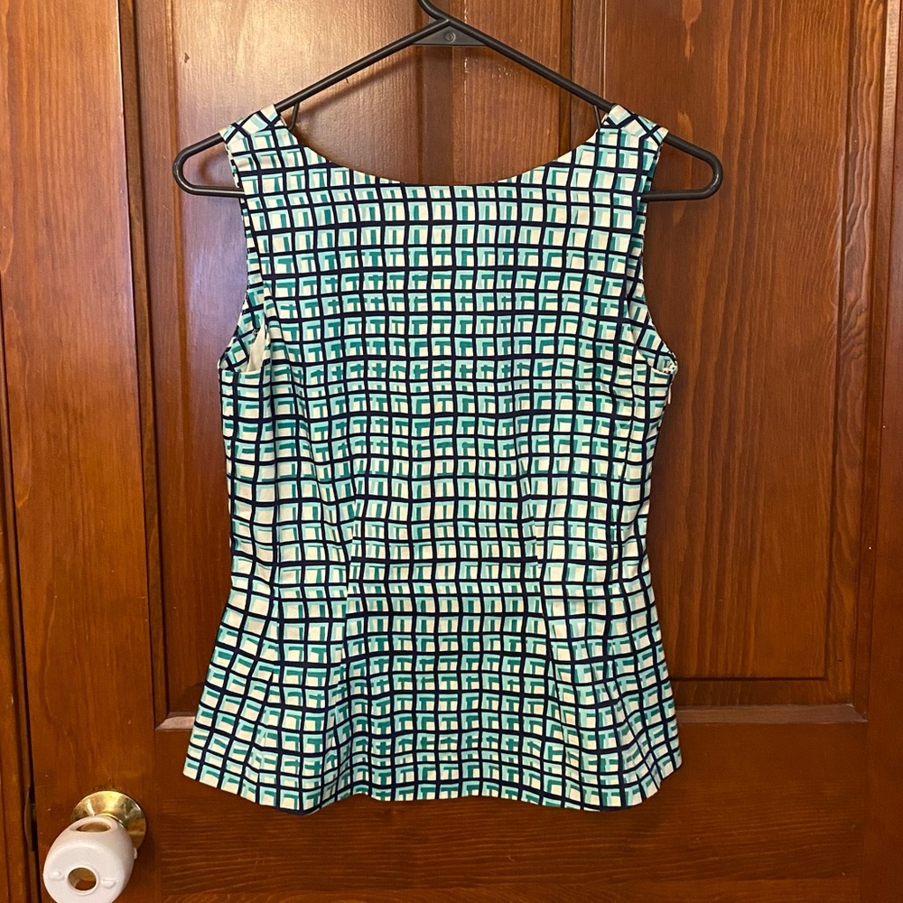 Kate Spade Blue and Green Abstract Windowpane Pattern Peplum Blouse Sz XS